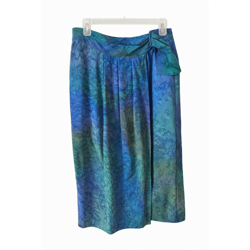100% Silk Women’s Diane Gilman Wrap Skirt blue green Watercolor SZ 8